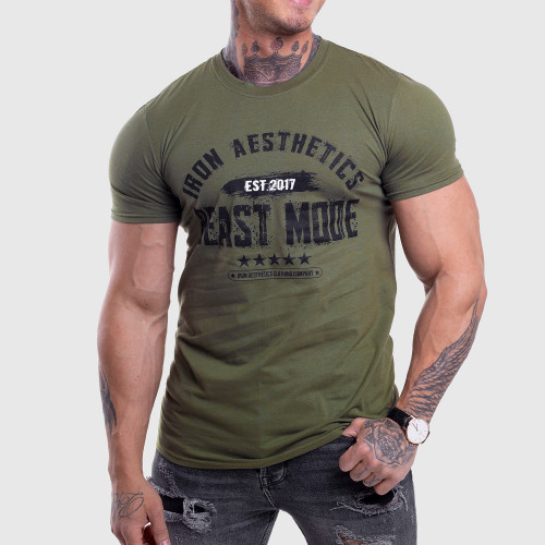 Férfi fitness póló Iron Aesthetics Beast Mode Est. 2017, katonazöld