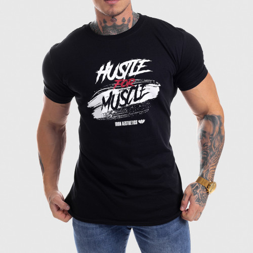 Férfi fitness póló Iron Aesthetics HUSTLE FOR MUSCLE, fekete