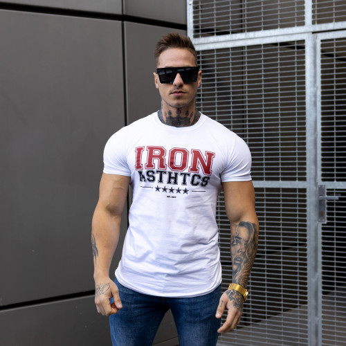 Férfi fitness póló Iron Aesthetics VARSITY, fehér